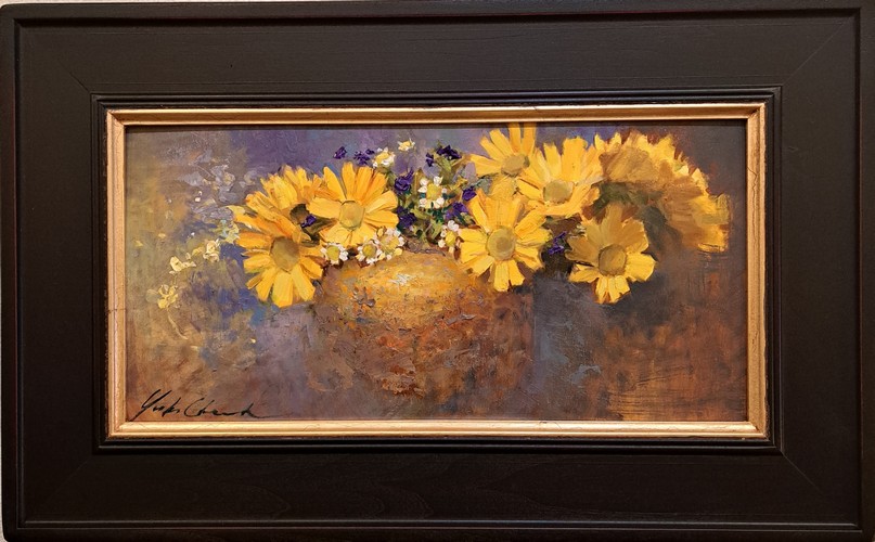 Yellow Daisies in Crock 8x16 $750 at Hunter Wolff Gallery
